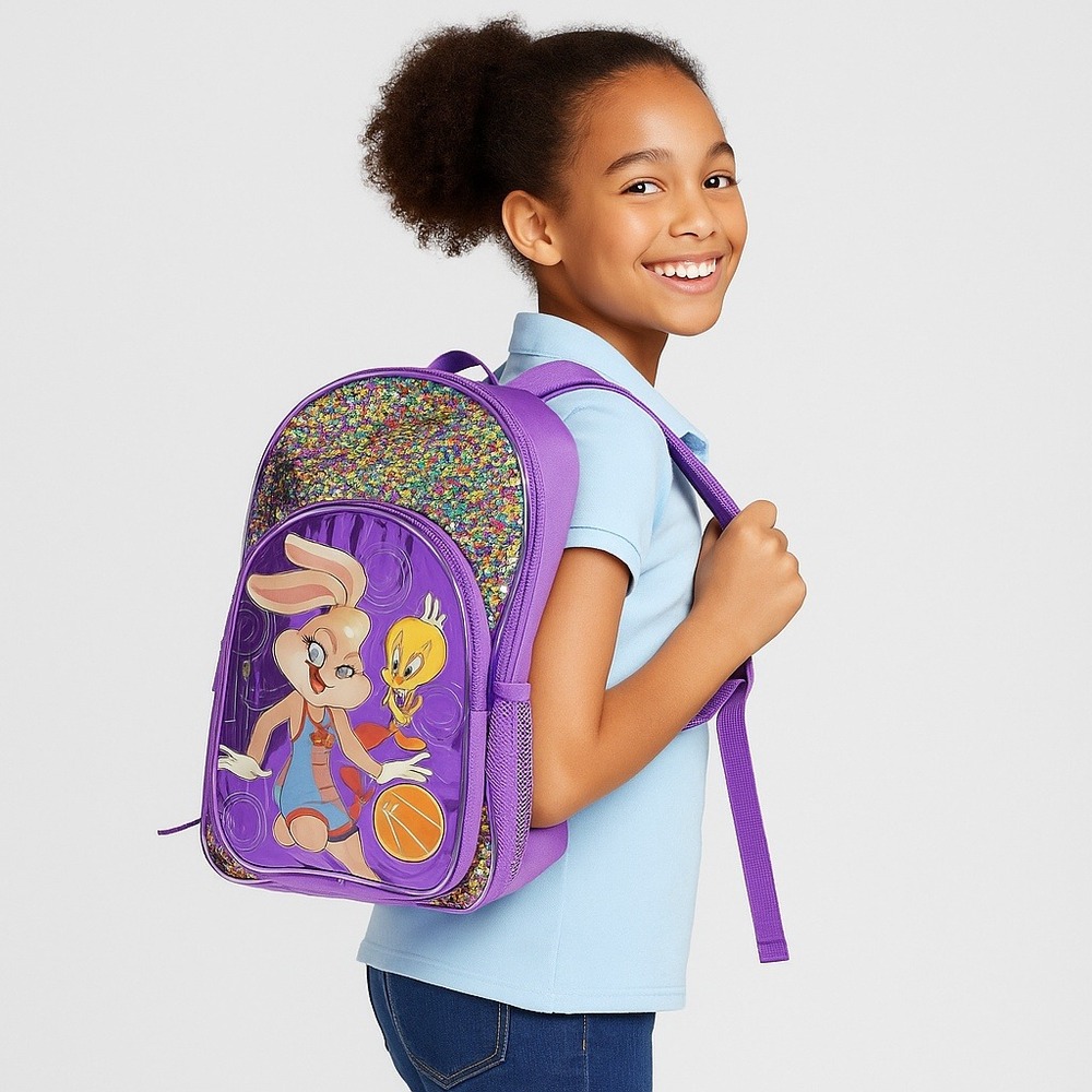 Lola Bunny Tweety Space Jam Backpack Sequin Purple Glitter School Bag 17" Girls‎